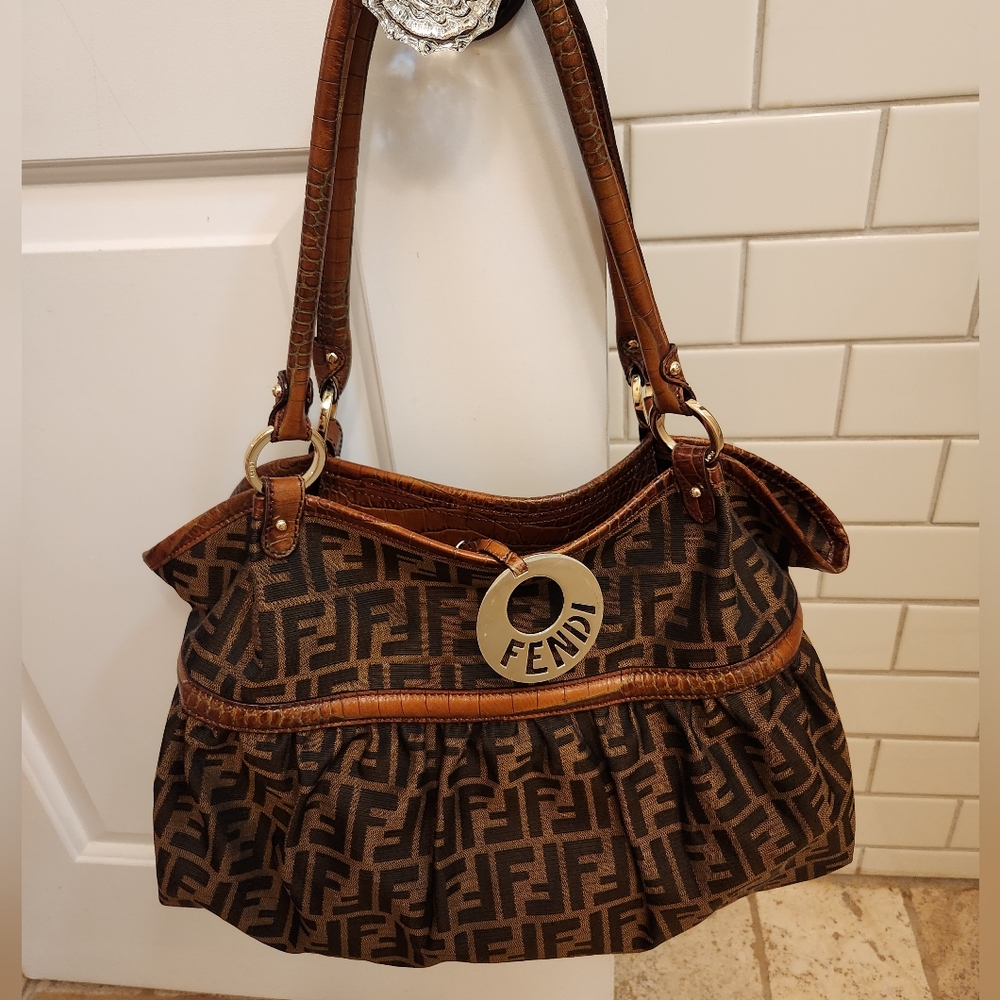 Fendi large zucca chef bag with crocodile trim